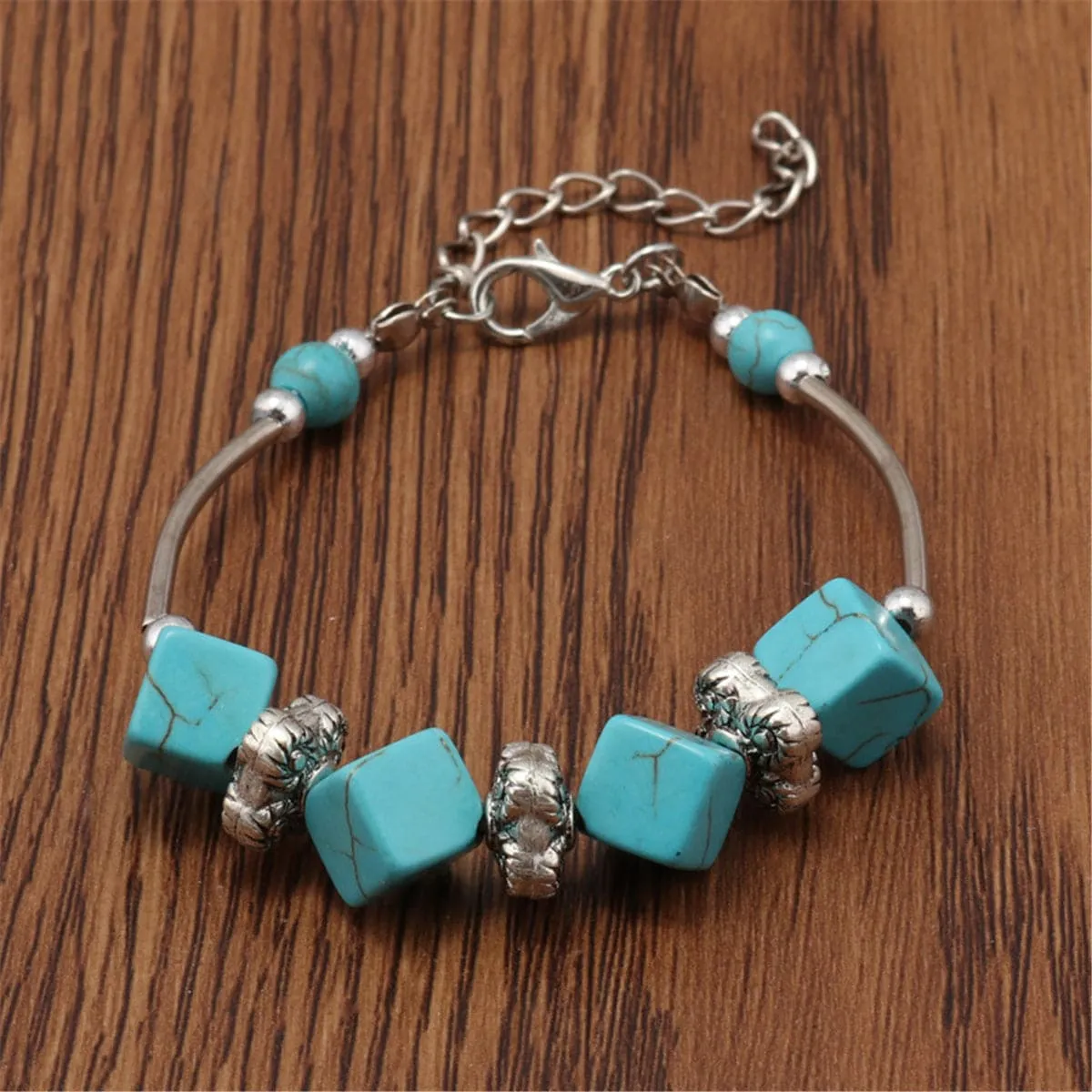 Turquoise & Silver-Plated Cube Charm Bracelet