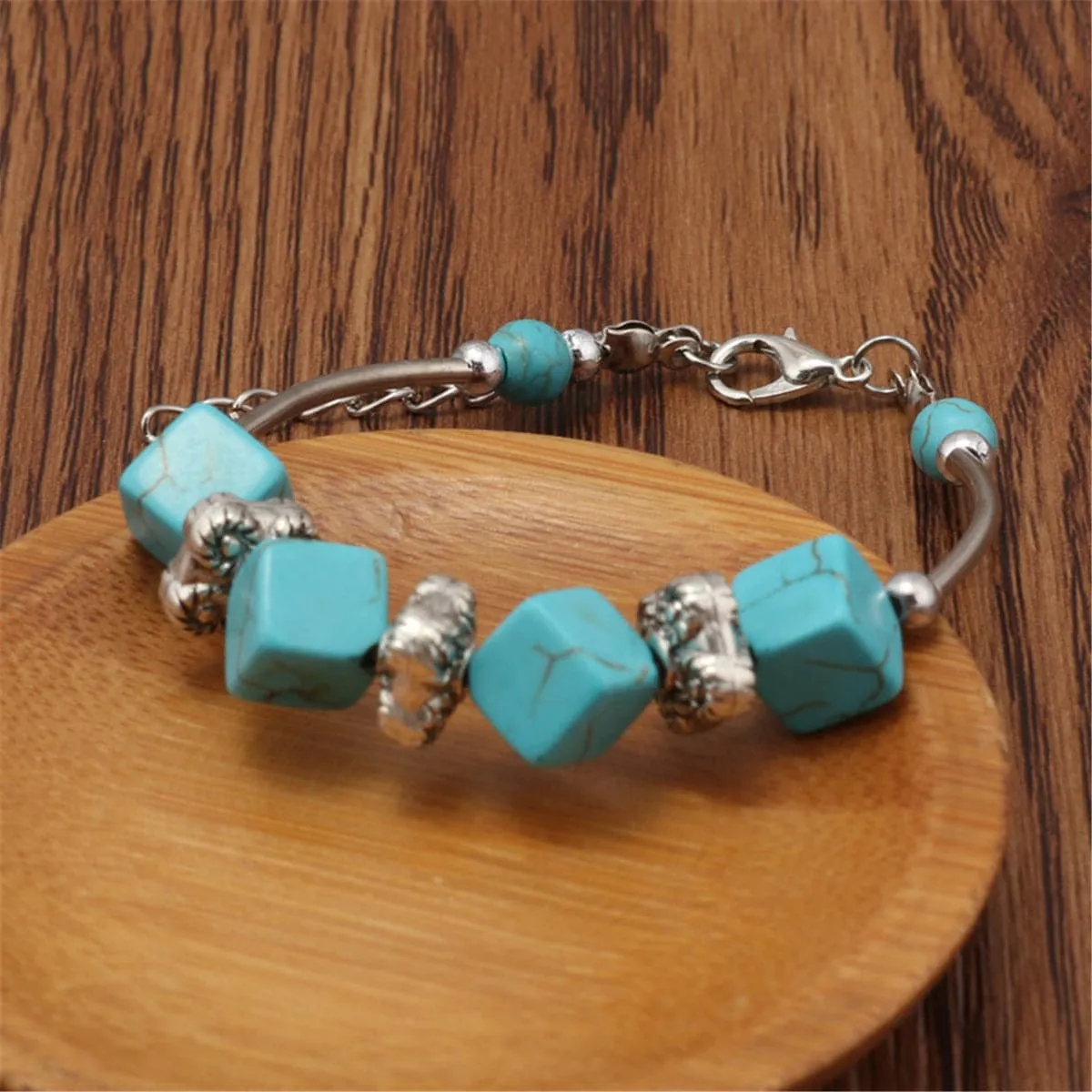 Turquoise & Silver-Plated Cube Charm Bracelet