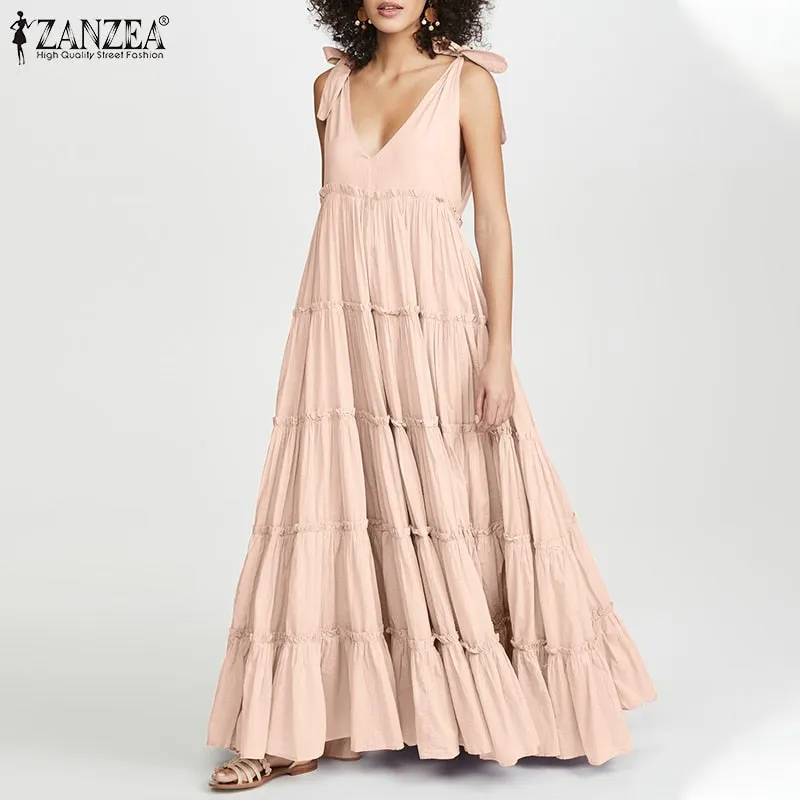 V Neck Lace-Up Maxi Dress with Ruffled Detail