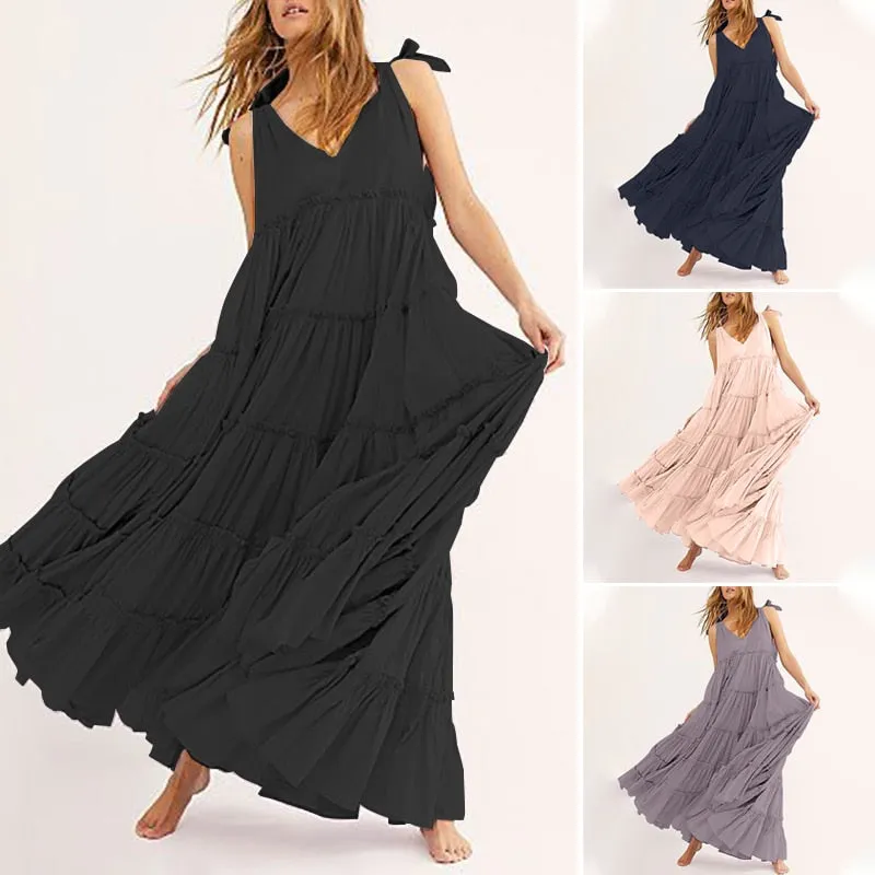 V Neck Lace-Up Maxi Dress with Ruffled Detail
