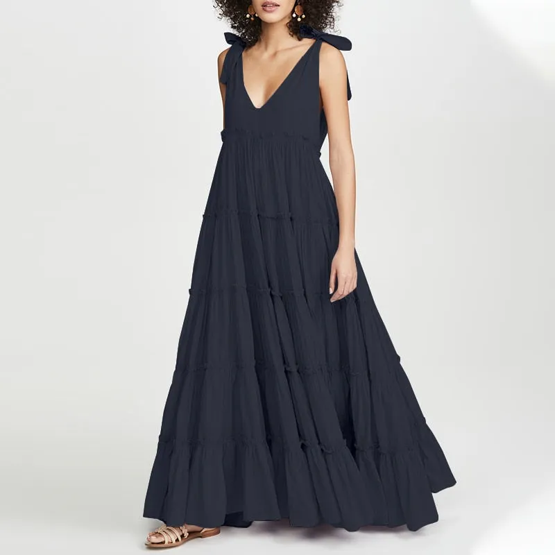 V Neck Lace-Up Maxi Dress with Ruffled Detail