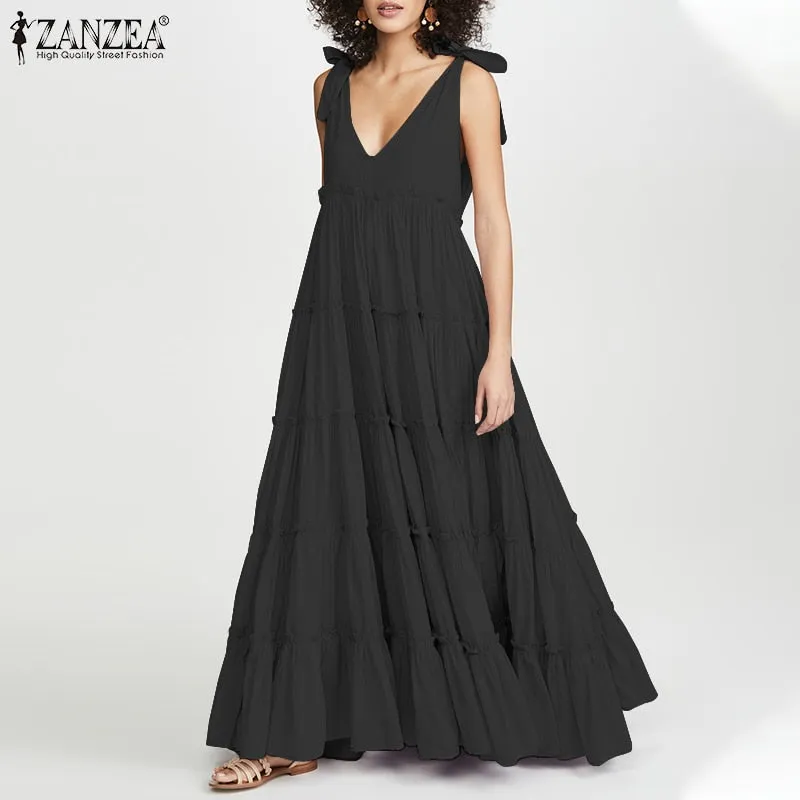 V Neck Lace-Up Maxi Dress with Ruffled Detail