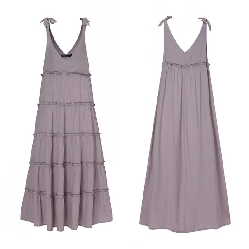 V Neck Lace-Up Maxi Dress with Ruffled Detail