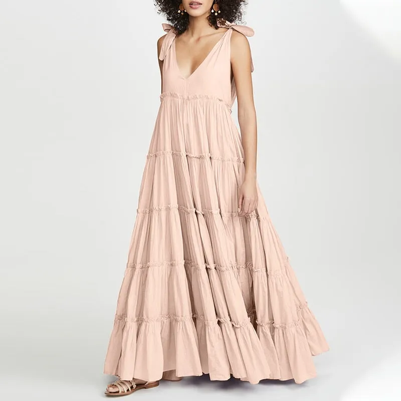 V Neck Lace-Up Maxi Dress with Ruffled Detail