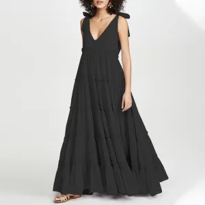 V Neck Lace-Up Maxi Dress with Ruffled Detail