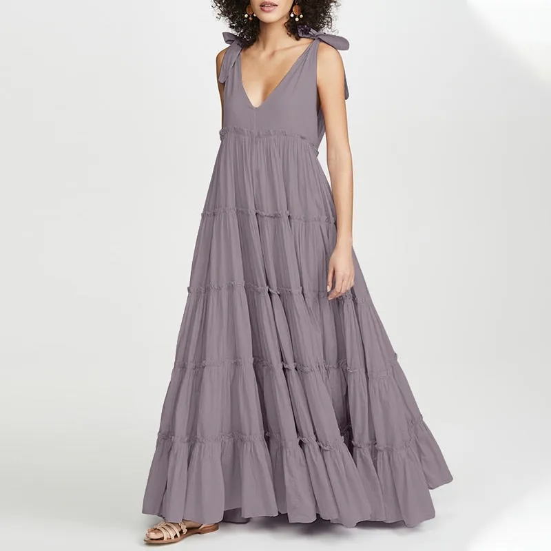V Neck Lace-Up Maxi Dress with Ruffled Detail