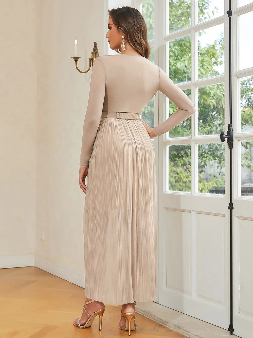 V Neck Long Sleeve Ruched Maxi Bodycon Dress HB100111