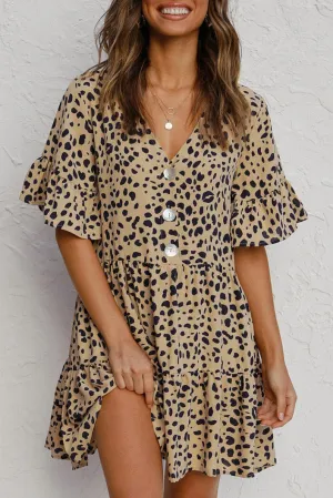 V Neck Ruffled Mini Dress with Buttons
