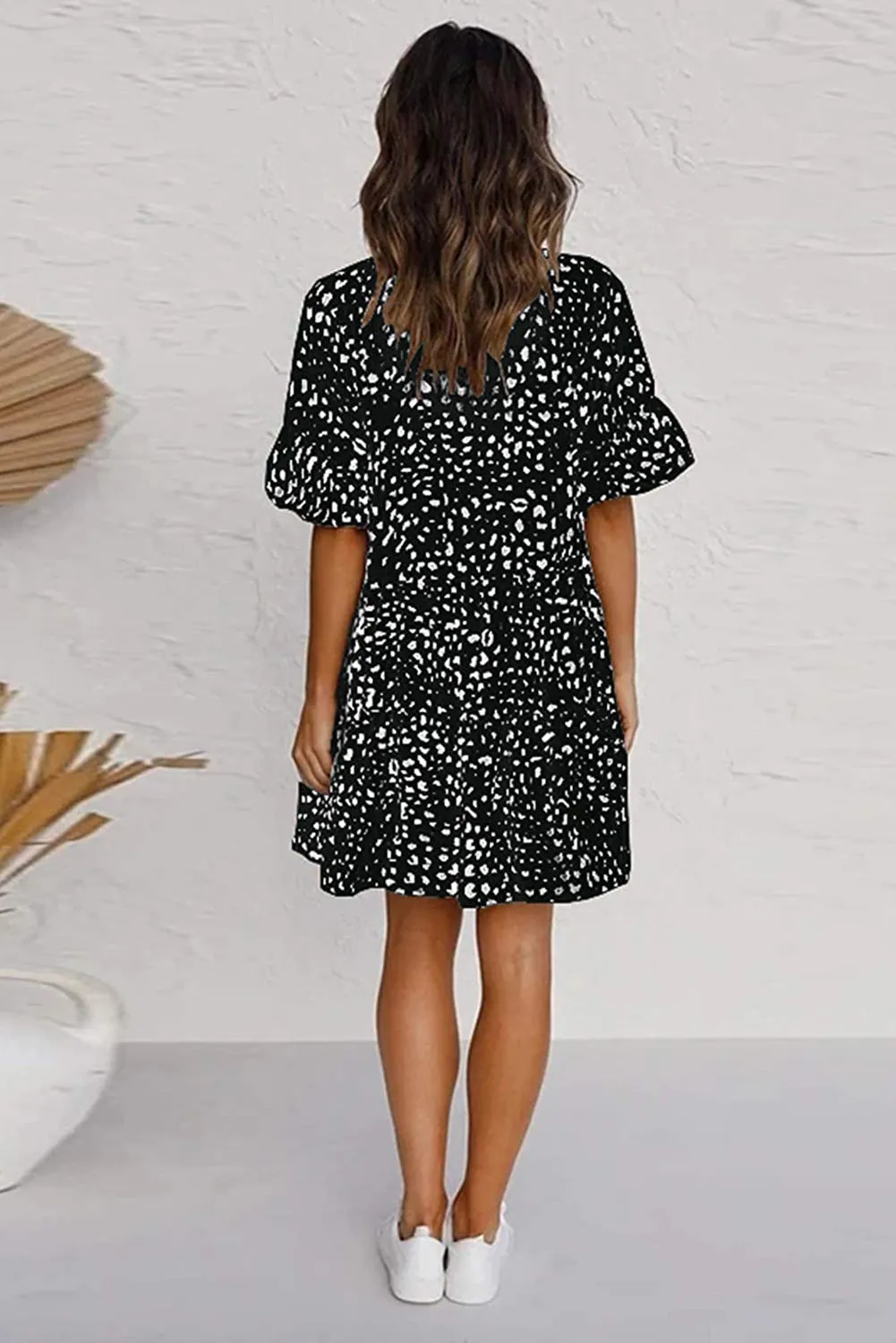V Neck Ruffled Mini Dress with Buttons