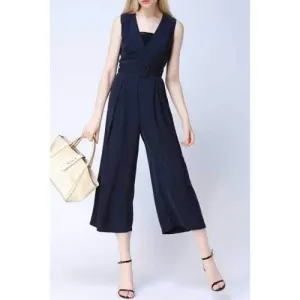 V-Neck Sleeveless Belted Jumpsuit - Cadetblue L