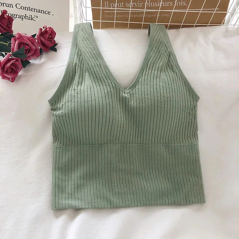 V Neck Women's Tank Crop Tops - Sexy Knitted & Seamless Lingerie - Streetwear Cropped Tee with Padding