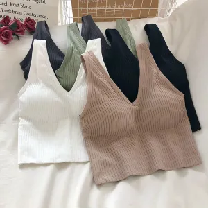 V Neck Women's Tank Crop Tops - Sexy Knitted & Seamless Lingerie - Streetwear Cropped Tee with Padding
