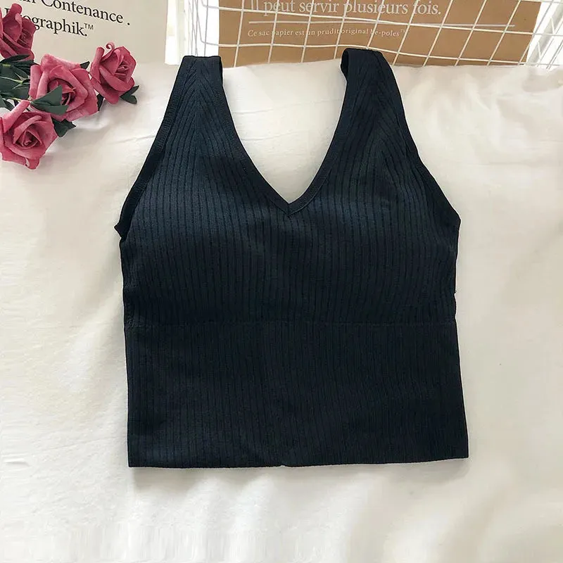 V Neck Women's Tank Crop Tops - Sexy Knitted & Seamless Lingerie - Streetwear Cropped Tee with Padding