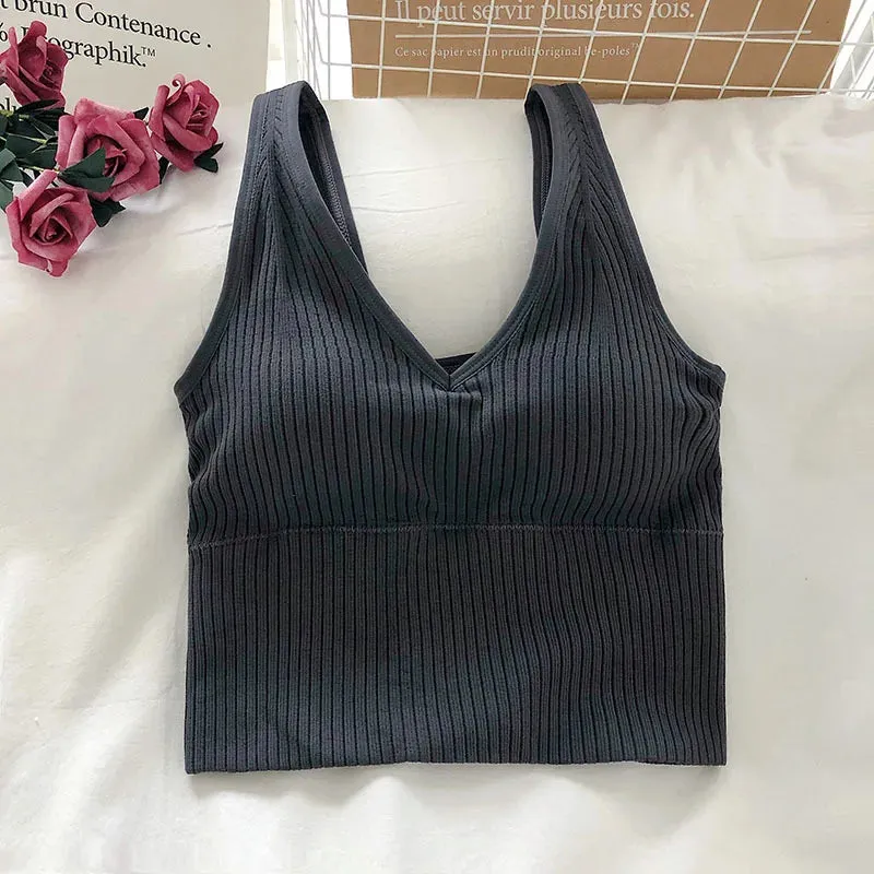 V Neck Women's Tank Crop Tops - Sexy Knitted & Seamless Lingerie - Streetwear Cropped Tee with Padding