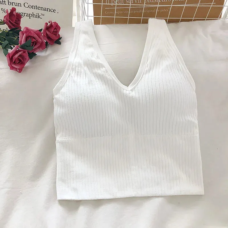 V Neck Women's Tank Crop Tops - Sexy Knitted & Seamless Lingerie - Streetwear Cropped Tee with Padding
