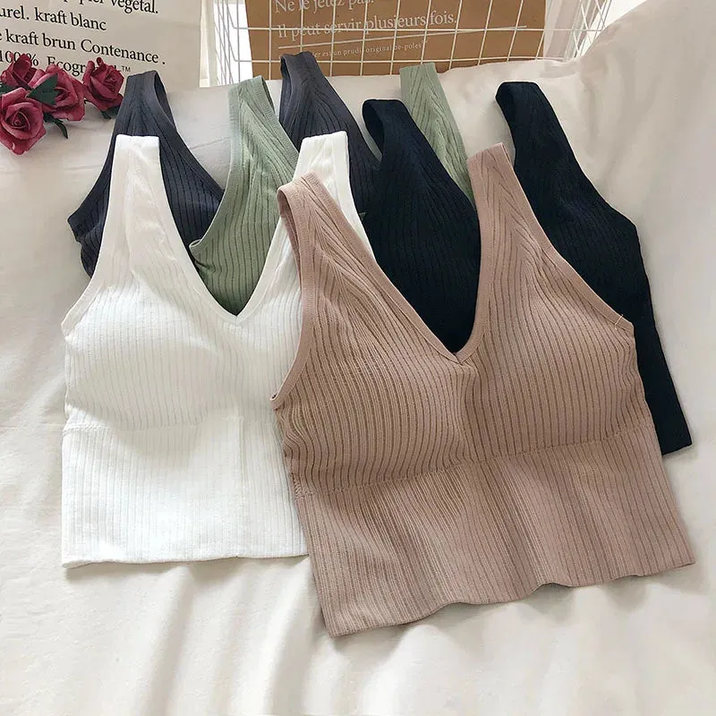 V Neck Women's Tank Crop Tops - Sexy Knitted & Seamless Lingerie - Streetwear Cropped Tee with Padding