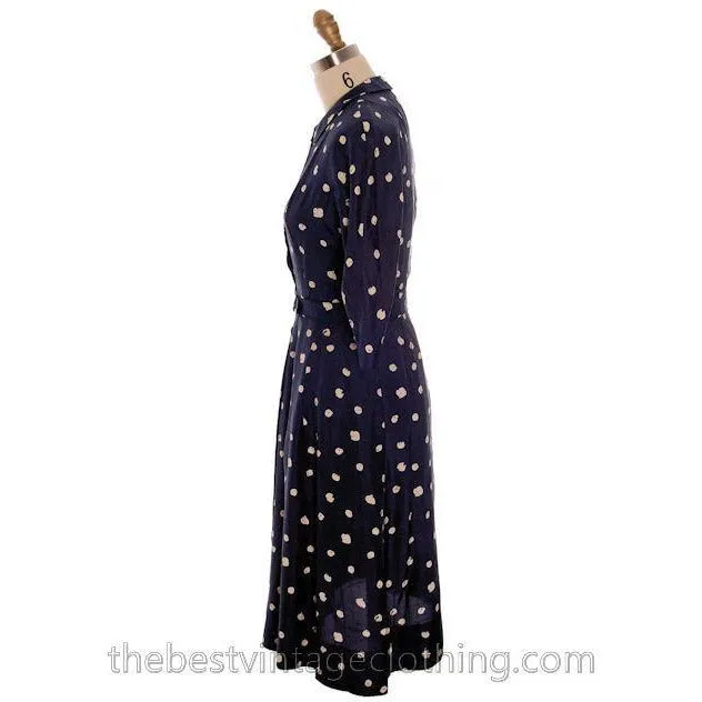 Vintage 1950s Dress Silk Navy Blue & Cream Cotton Ball Print 3/4 Sleeves Small 6-8