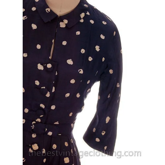 Vintage 1950s Dress Silk Navy Blue & Cream Cotton Ball Print 3/4 Sleeves Small 6-8