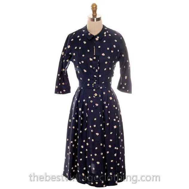 Vintage 1950s Dress Silk Navy Blue & Cream Cotton Ball Print 3/4 Sleeves Small 6-8