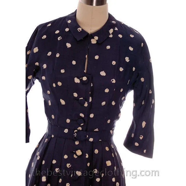 Vintage 1950s Dress Silk Navy Blue & Cream Cotton Ball Print 3/4 Sleeves Small 6-8