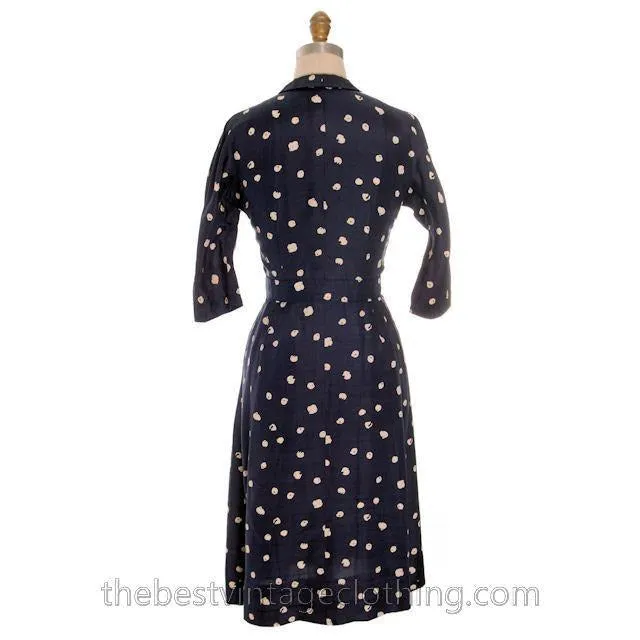 Vintage 1950s Dress Silk Navy Blue & Cream Cotton Ball Print 3/4 Sleeves Small 6-8