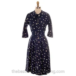 Vintage 1950s Dress Silk Navy Blue & Cream Cotton Ball Print 3/4 Sleeves Small 6-8