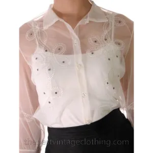 Vintage Sheer Nylon White Blouse Embellished Rhinestones M