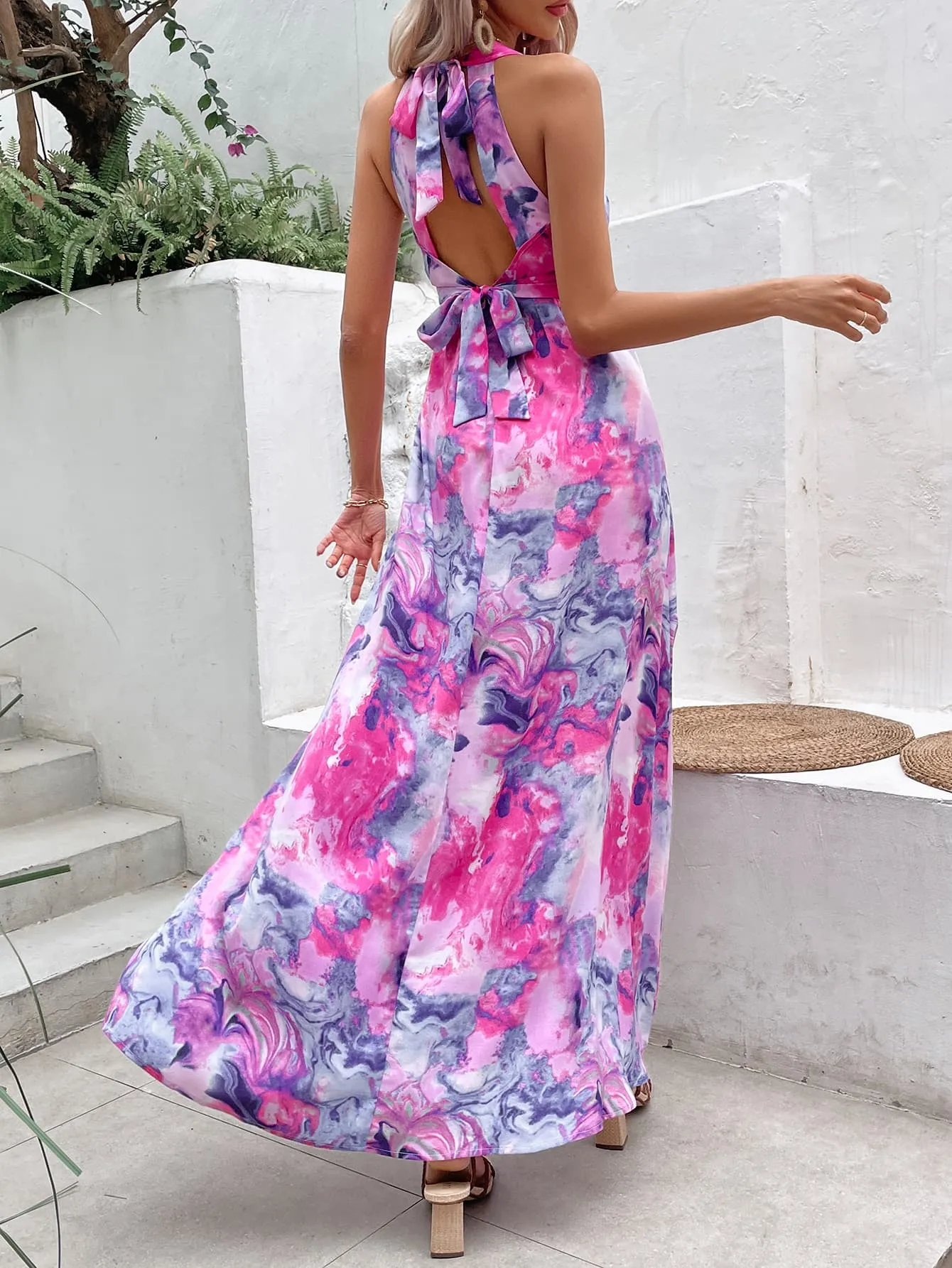 Virginia Printed Open Back Slit Sleeveless Dress
