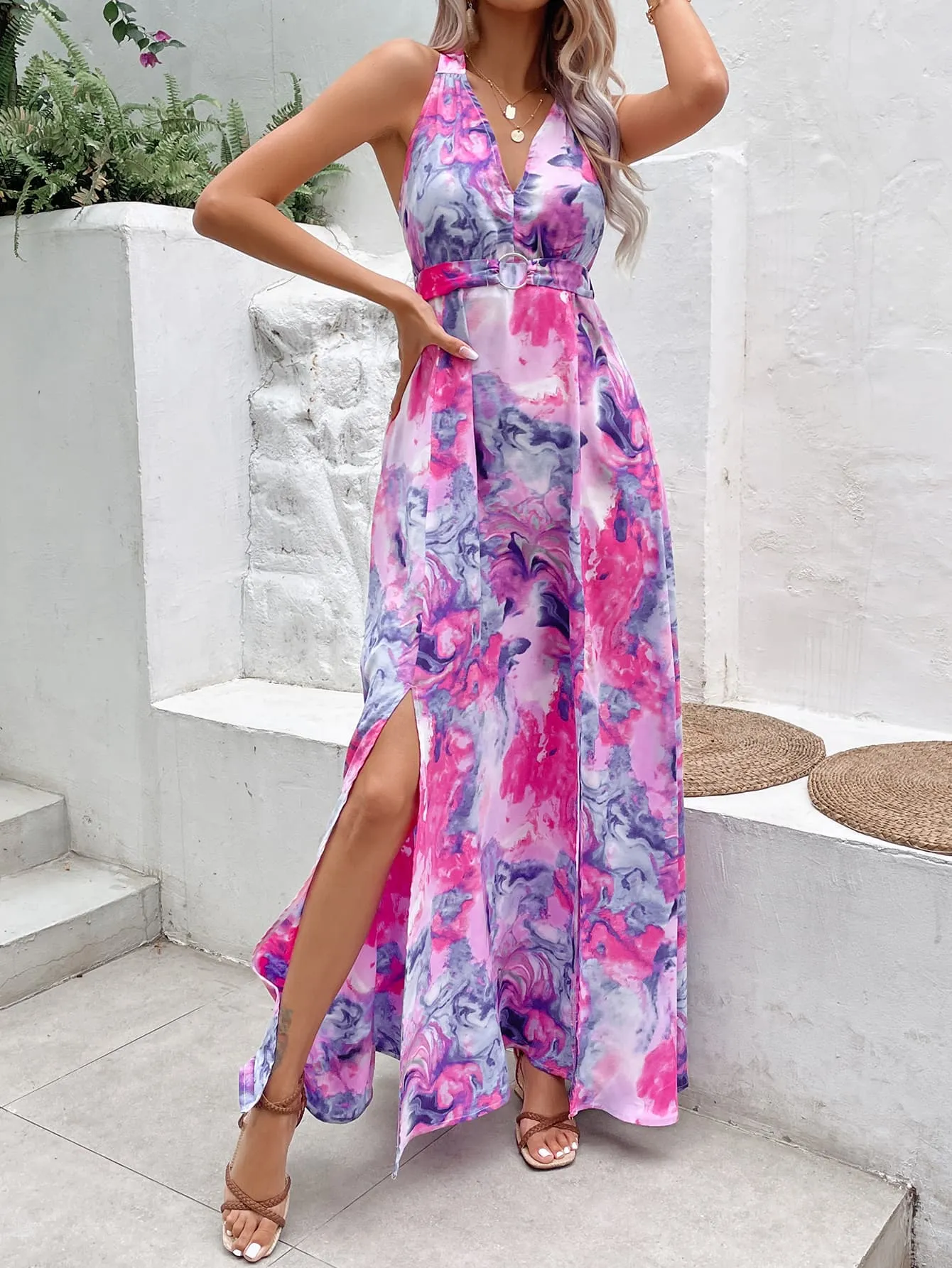 Virginia Printed Open Back Slit Sleeveless Dress
