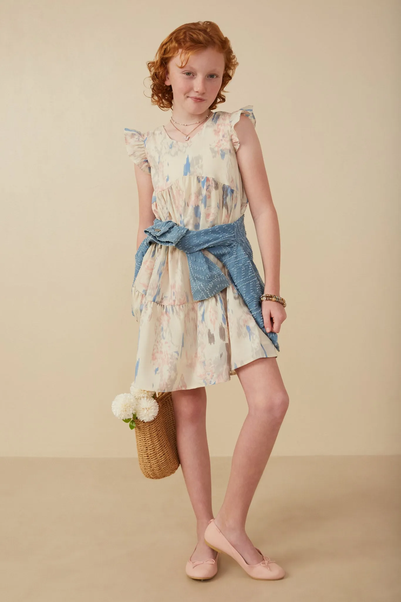 Watercolor V Neck Tiered Ruffled Dress