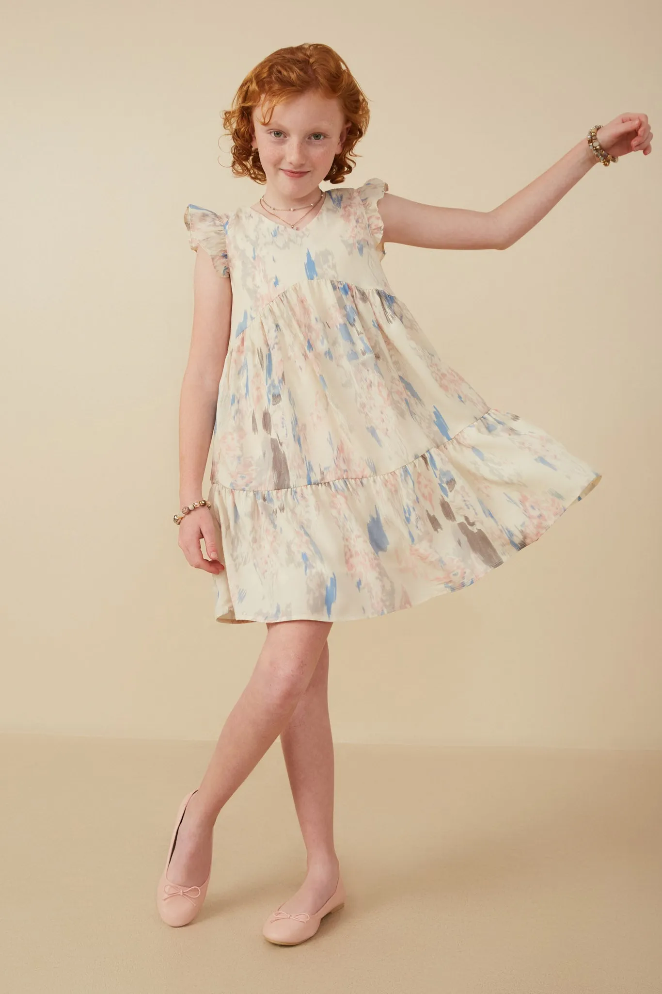 Watercolor V Neck Tiered Ruffled Dress