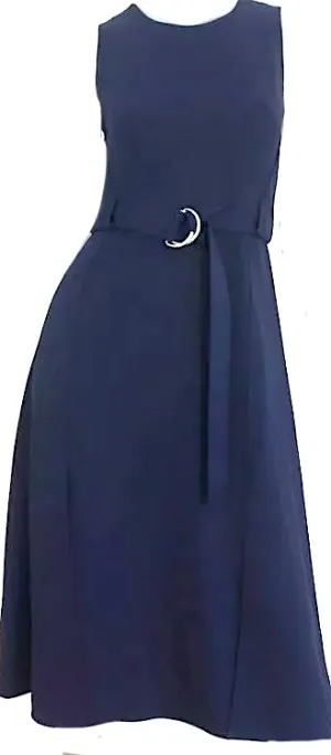 Whistles UK. Navy Crepe Sleeveless Belted Midi Dress