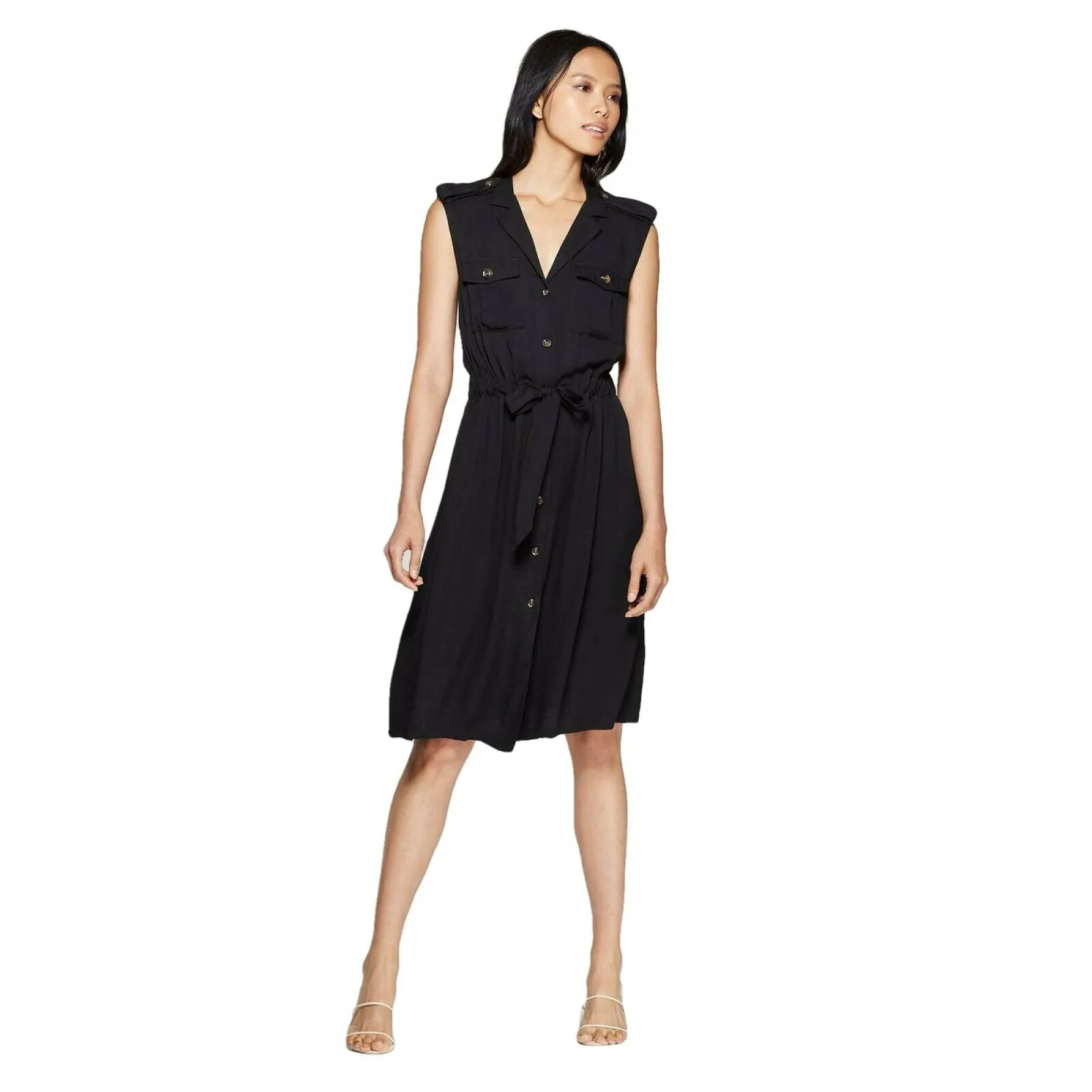 Who What Wear Women's Sleeveless V-Neck Front Button-Down A Line Midi Dress