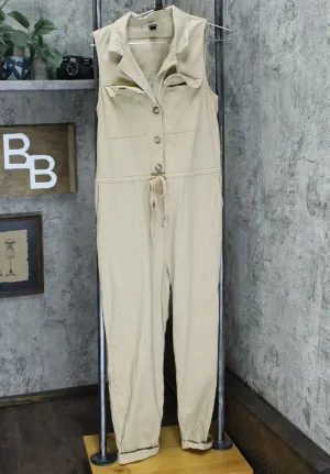 Wild Fable Women's Sleeveless V Neck Button-Front Utility Jumpsuit Khaki Small