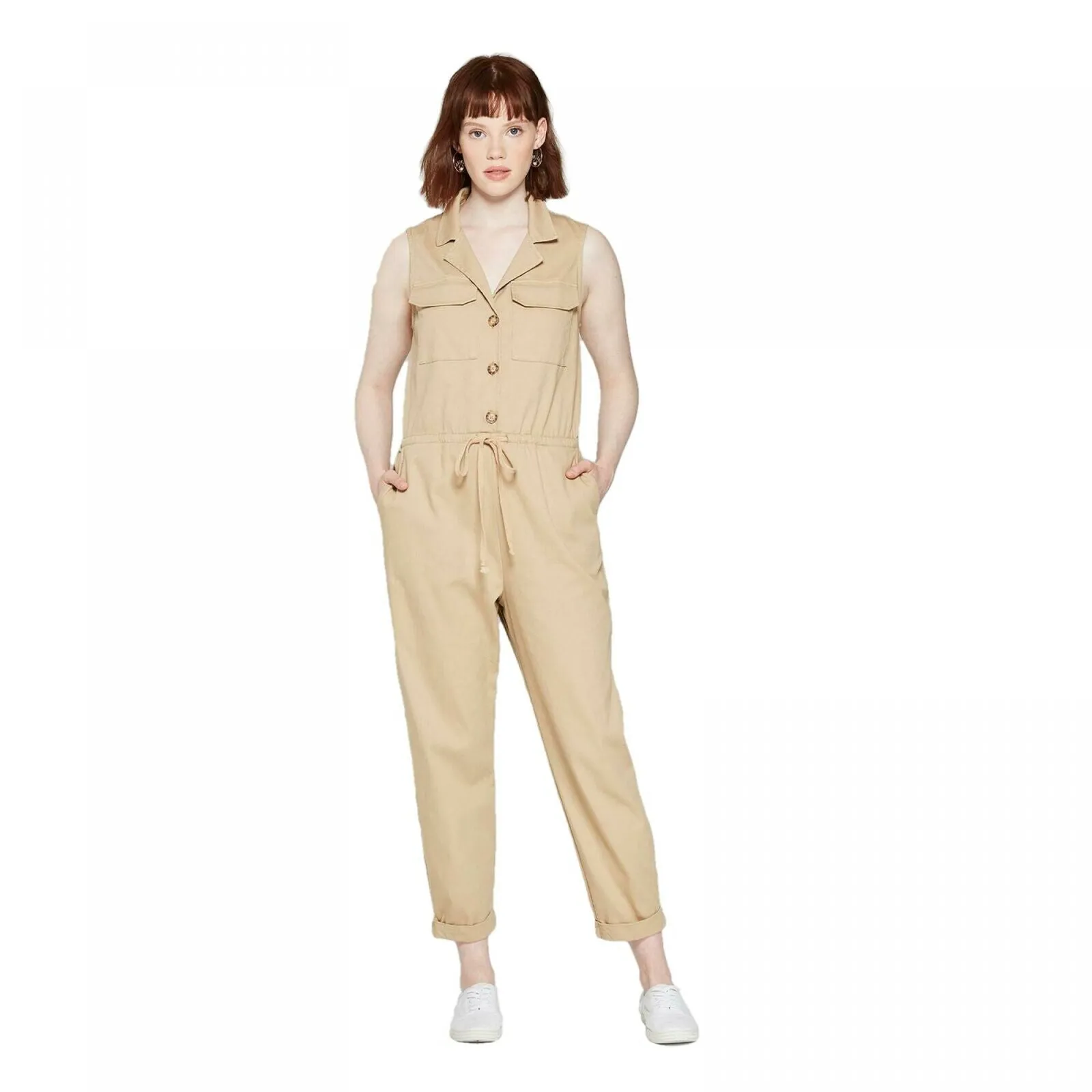 Wild Fable Women's Sleeveless V Neck Button-Front Utility Jumpsuit Khaki Small