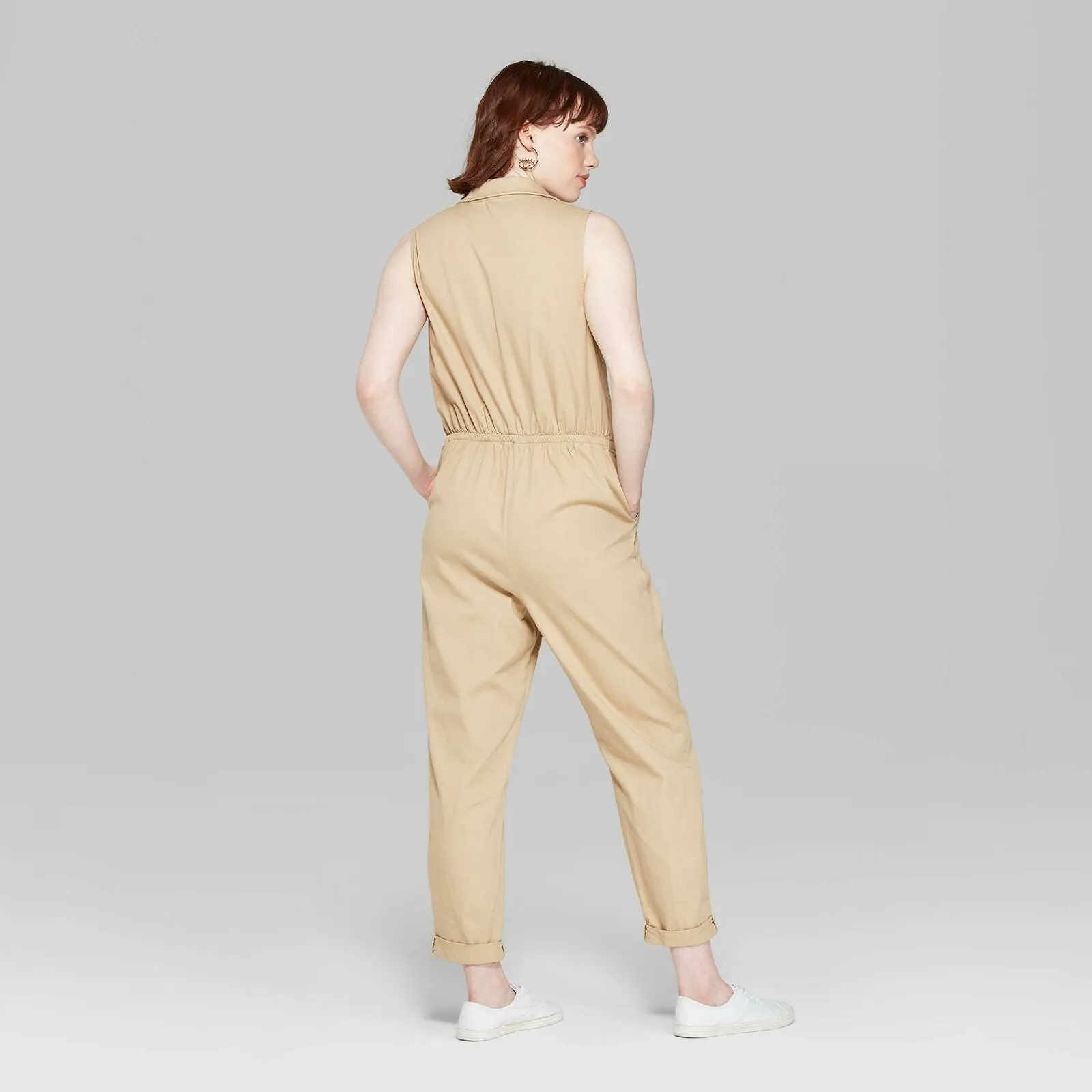 Wild Fable Women's Sleeveless V Neck Button-Front Utility Jumpsuit Khaki Small