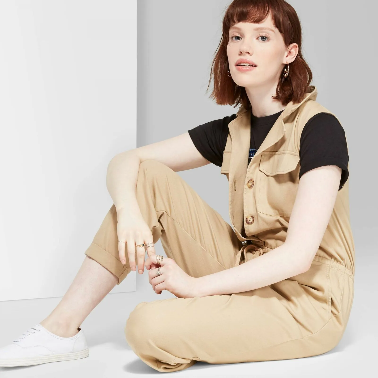 Wild Fable Women's Sleeveless V Neck Button-Front Utility Jumpsuit Khaki Small