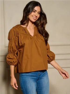 WOMEN'S 3/4 SLEEVES V-NECK RUCHED DETAILED BLOUSE TOP