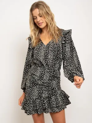 WOMEN'S ASYMMETRICAL RUCHED V-NECK LONG SLEEVE DRESS