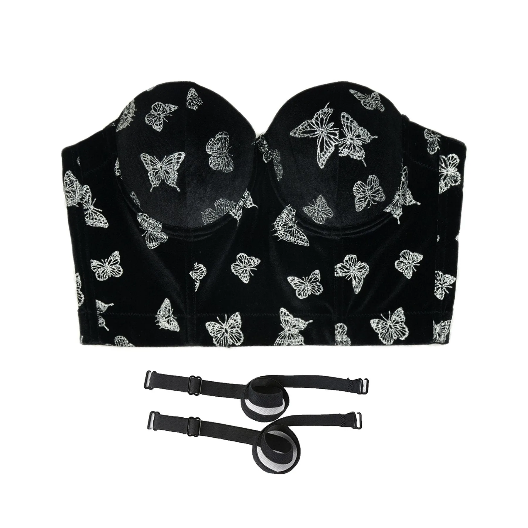 Women's Butterfly Velvet Bustier Crop Top Sexy Women Corset Top Bra Black