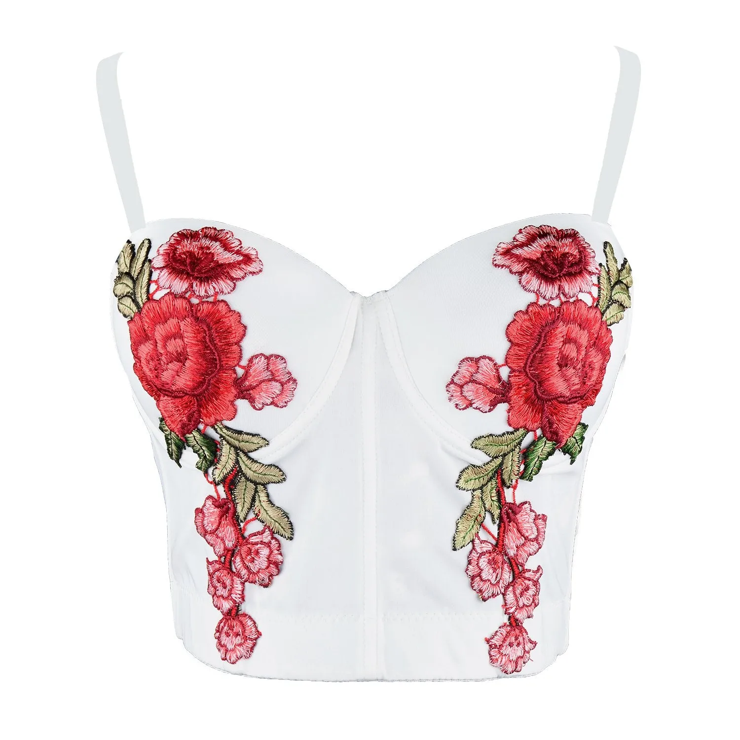 Women's Embroidery Floral Sexy Bustier Crop Top Smooth Corset Bra Tops White