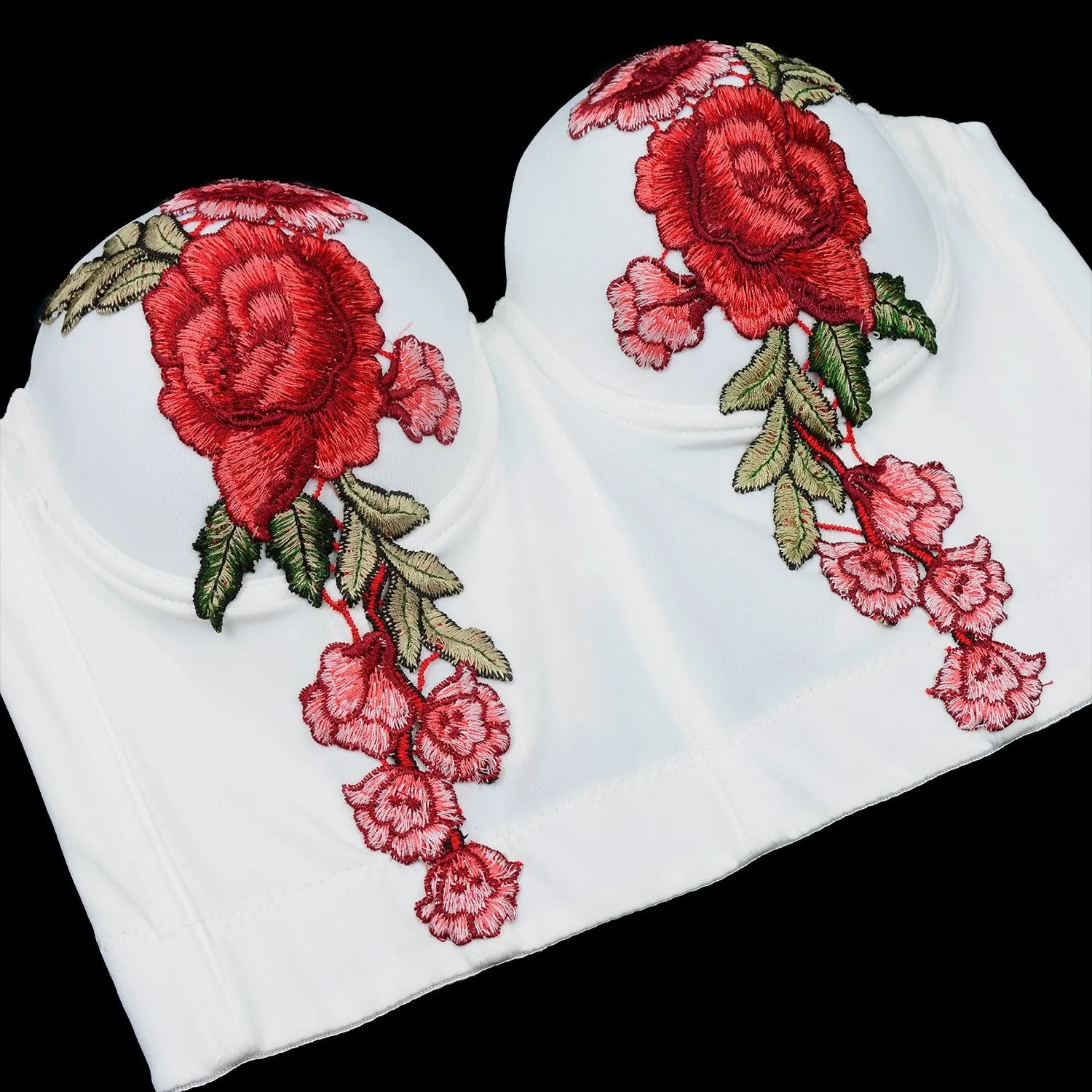 Women's Embroidery Floral Sexy Bustier Crop Top Smooth Corset Bra Tops White