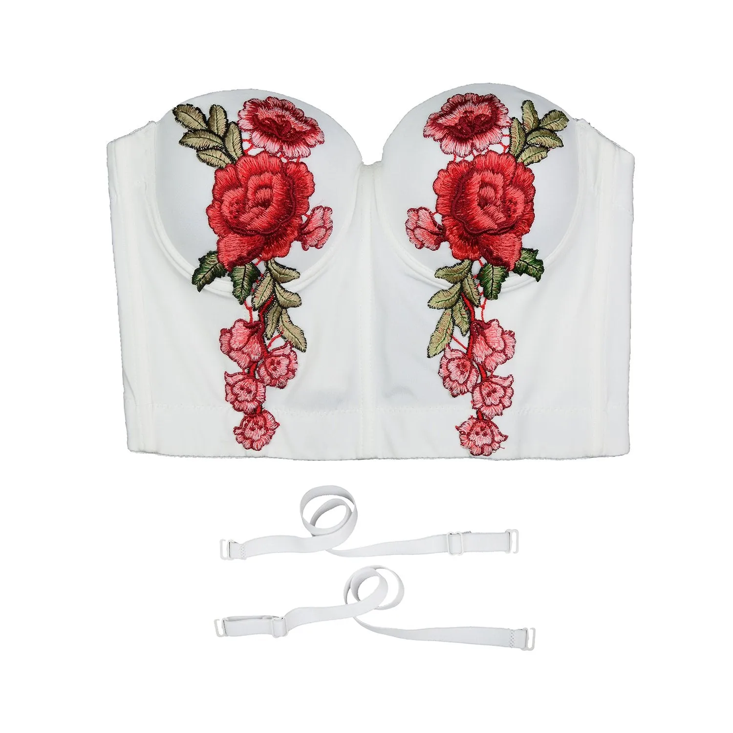 Women's Embroidery Floral Sexy Bustier Crop Top Smooth Corset Bra Tops White