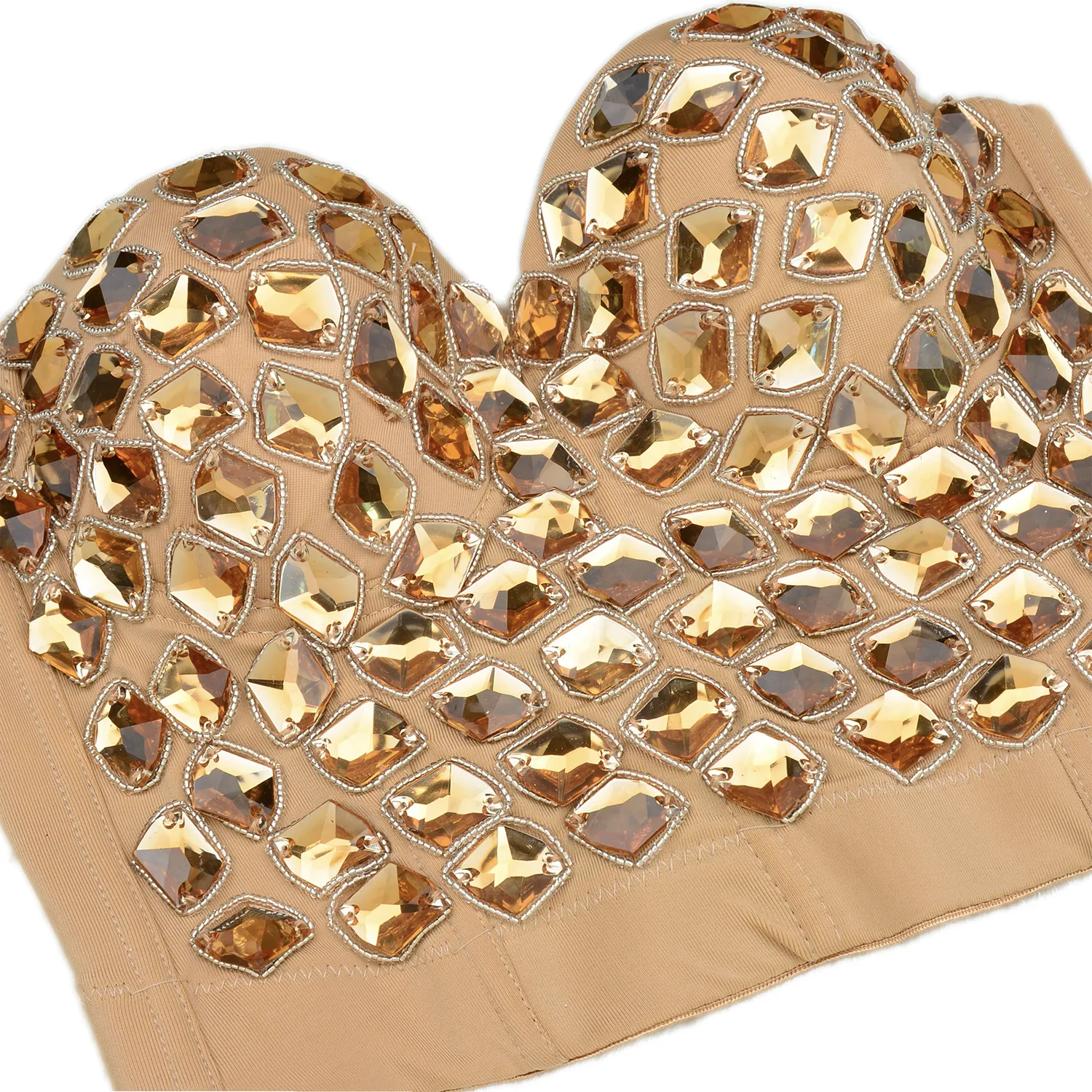 Women's Gold Rhinestone Beaded Punk Bustier Crop Top Party Club Corset Bra