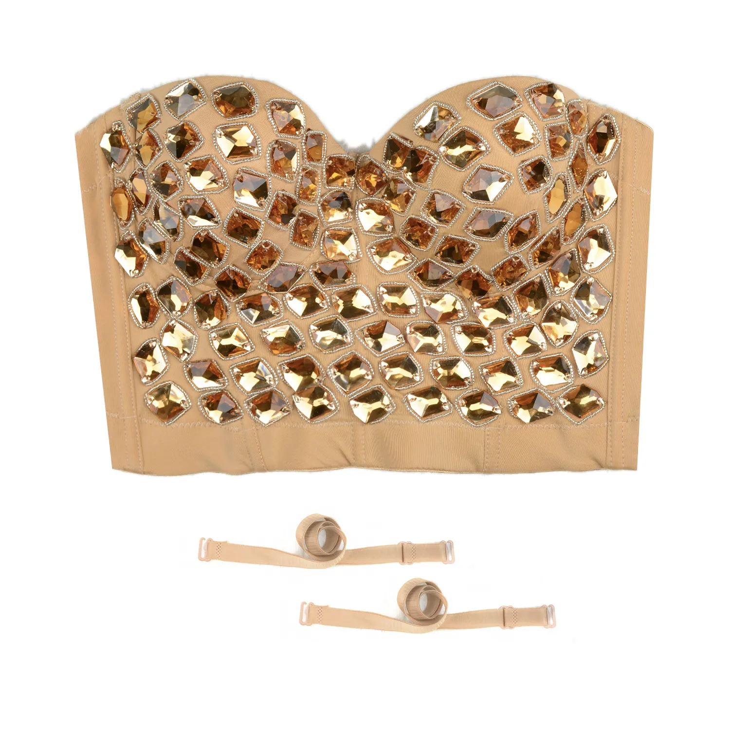 Women's Gold Rhinestone Beaded Punk Bustier Crop Top Party Club Corset Bra