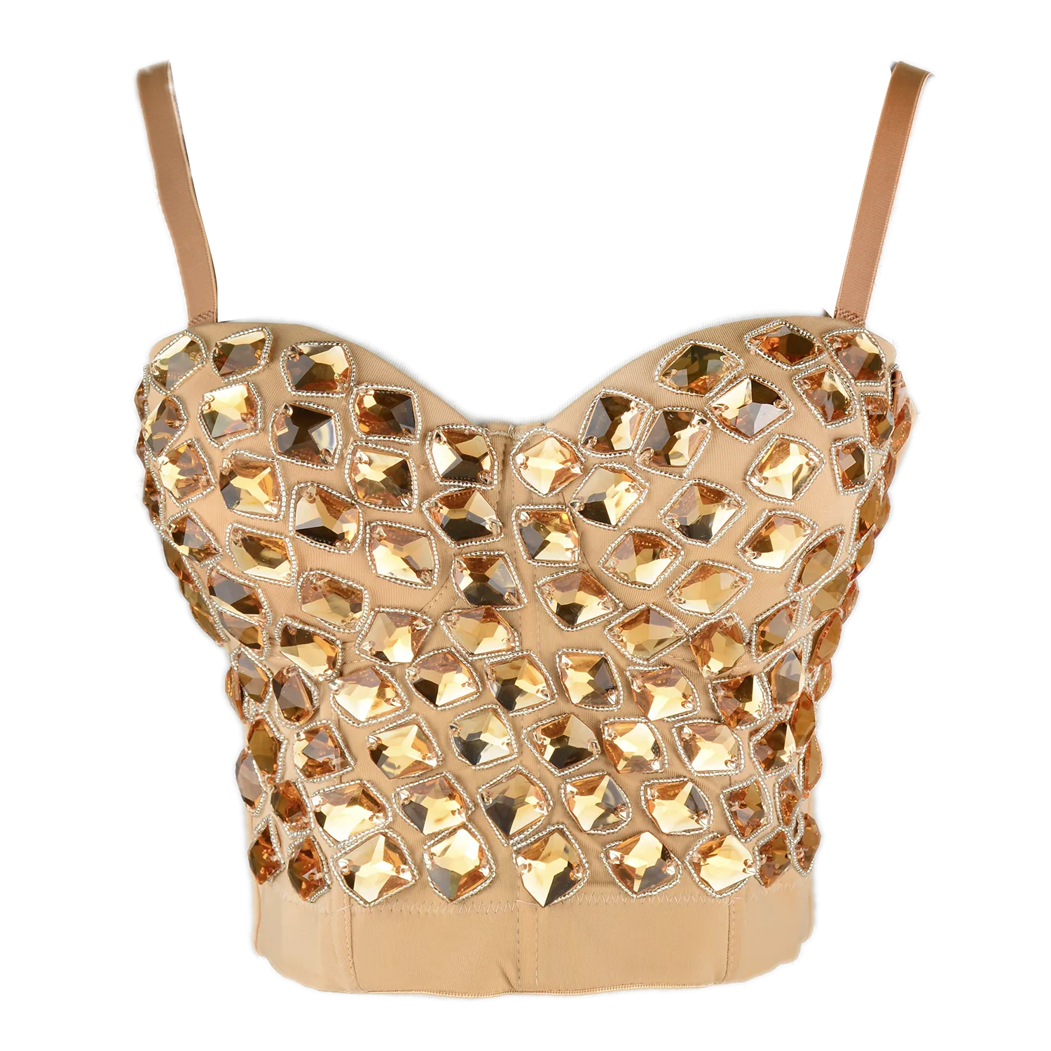 Women's Gold Rhinestone Beaded Punk Bustier Crop Top Party Club Corset Bra