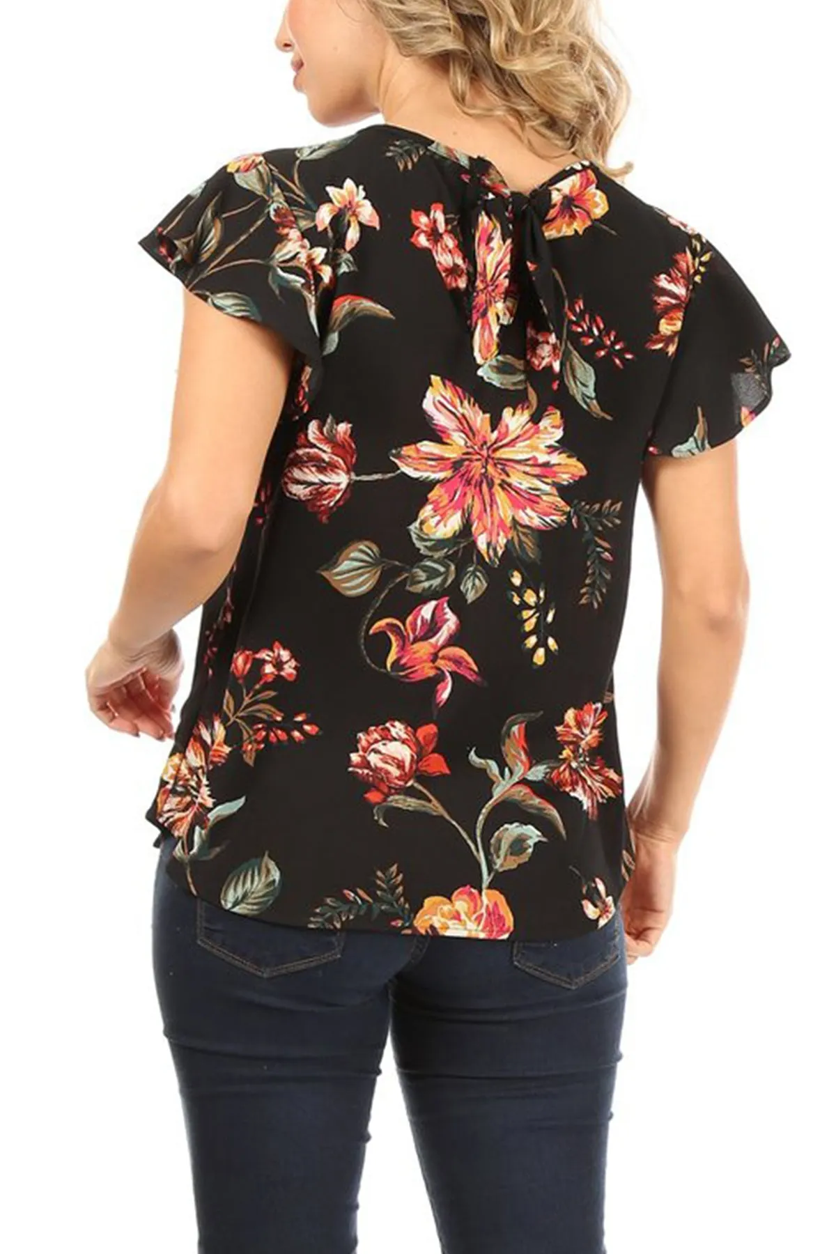 Women's Lightweight Floral Printed Ruffled Short Sleeve Back Tie Casual Blouse Top S-3XL