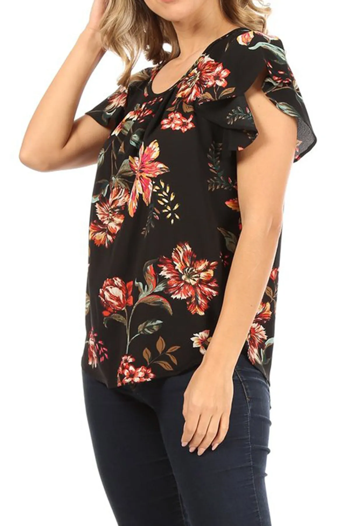 Women's Lightweight Floral Printed Ruffled Short Sleeve Back Tie Casual Blouse Top S-3XL