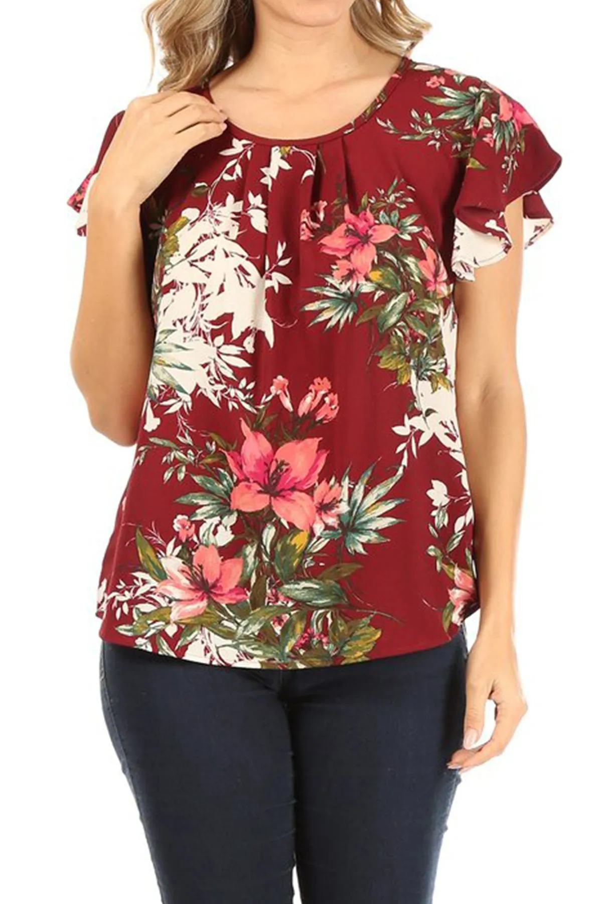 Women's Lightweight Floral Printed Ruffled Short Sleeve Back Tie Casual Blouse Top S-3XL