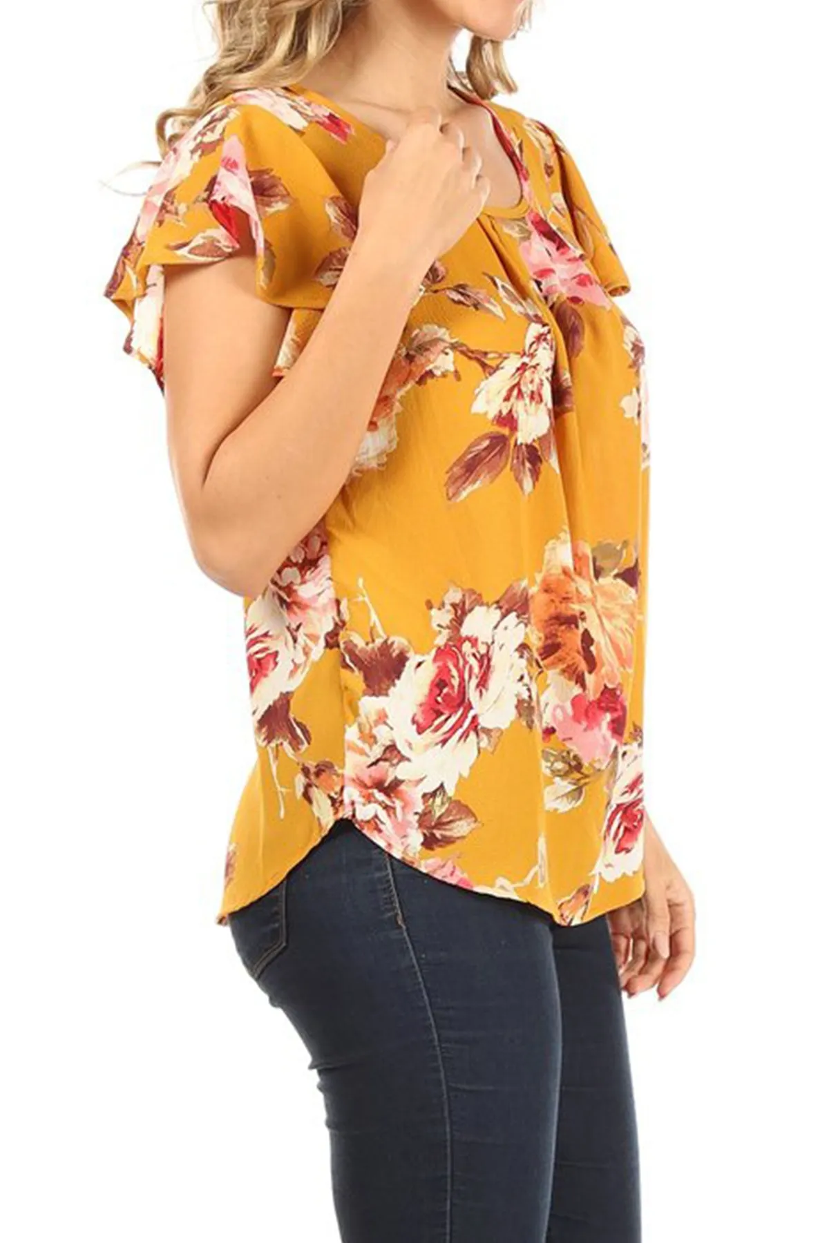 Women's Lightweight Floral Printed Ruffled Short Sleeve Back Tie Casual Blouse Top S-3XL